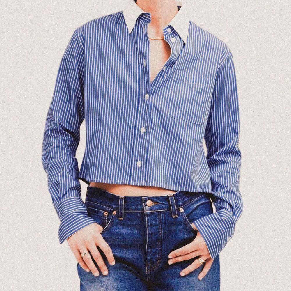 Madewell Boyfriend Fit Cropped Button-Up Blue White Pinstripe (Xl)
